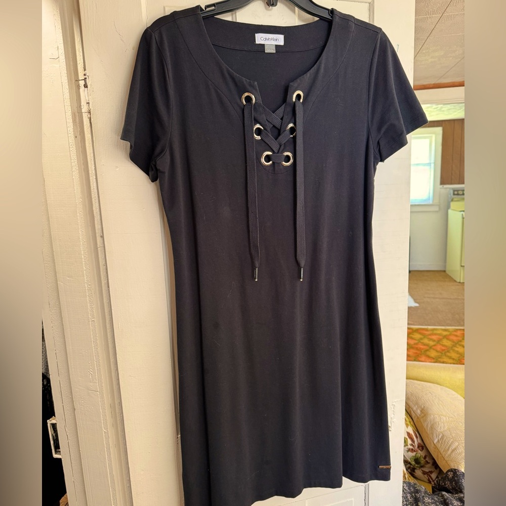 Calvin Klein Black Summer Dress - lace up keyhole - Medium